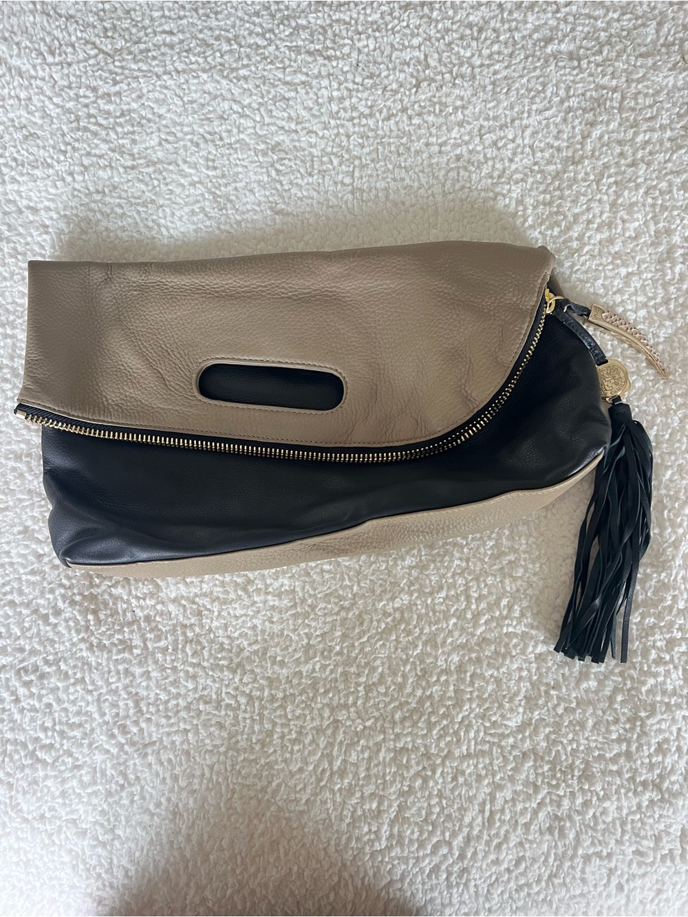 Vince Camuto Two-Tone Black and Beige Leather Foldover Clutch- NWOT